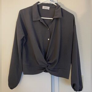 Gray Long Sleeve Twist Front Blouse